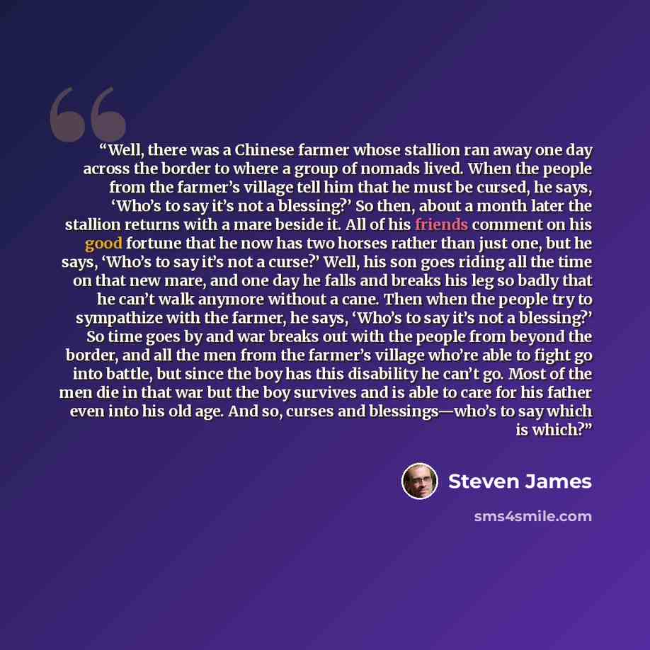 “Well, there was a Chinese farmer whose stallion ran away one day across the border to where a group of nomads lived. When the people from the farmer’s village tell him that he must be cursed, he says, ‘Who’s to say it’s not a blessing?’ So then, about a month later the stallion returns with a mare…” quote by Steven James