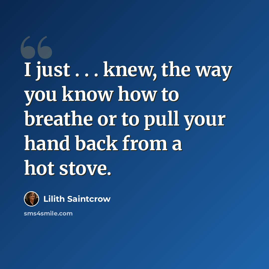 “I just . . . knew, the way you know how to breathe or to pull your hand back from a hot stove.” quote by Lilith Saintcrow