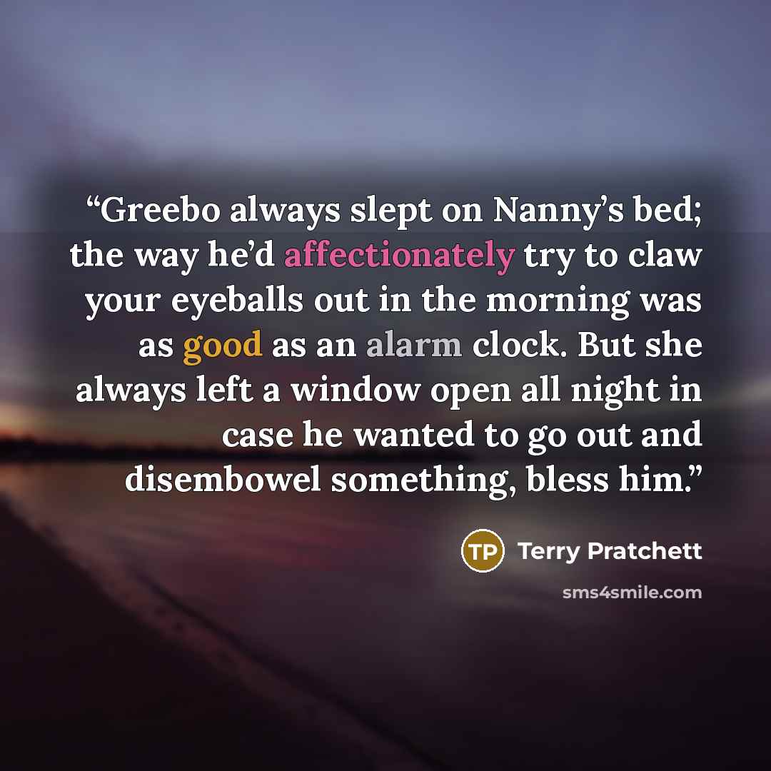 “Greebo always slept on Nanny’s bed; the way he’d affectionately try to claw your eyeballs out in the morning was as good as an alarm clock. But she always left a window open all night in case he wanted to go out and disembowel something, bless him.” quote by Terry Pratchett