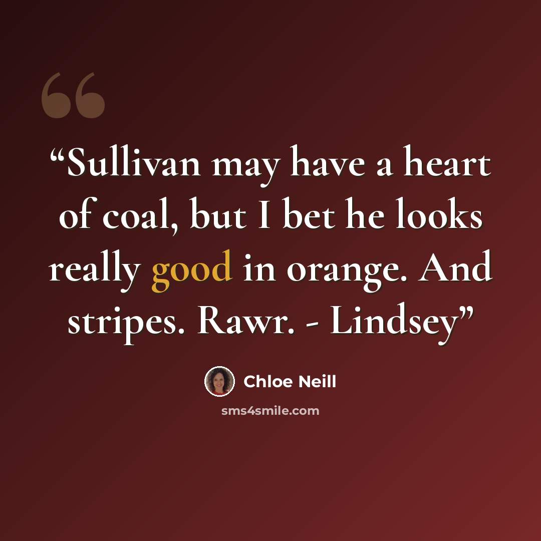 “Sullivan may have a heart of coal, but I bet he looks really good in orange. And stripes. Rawr. - Lindsey” quote by Chloe Neill