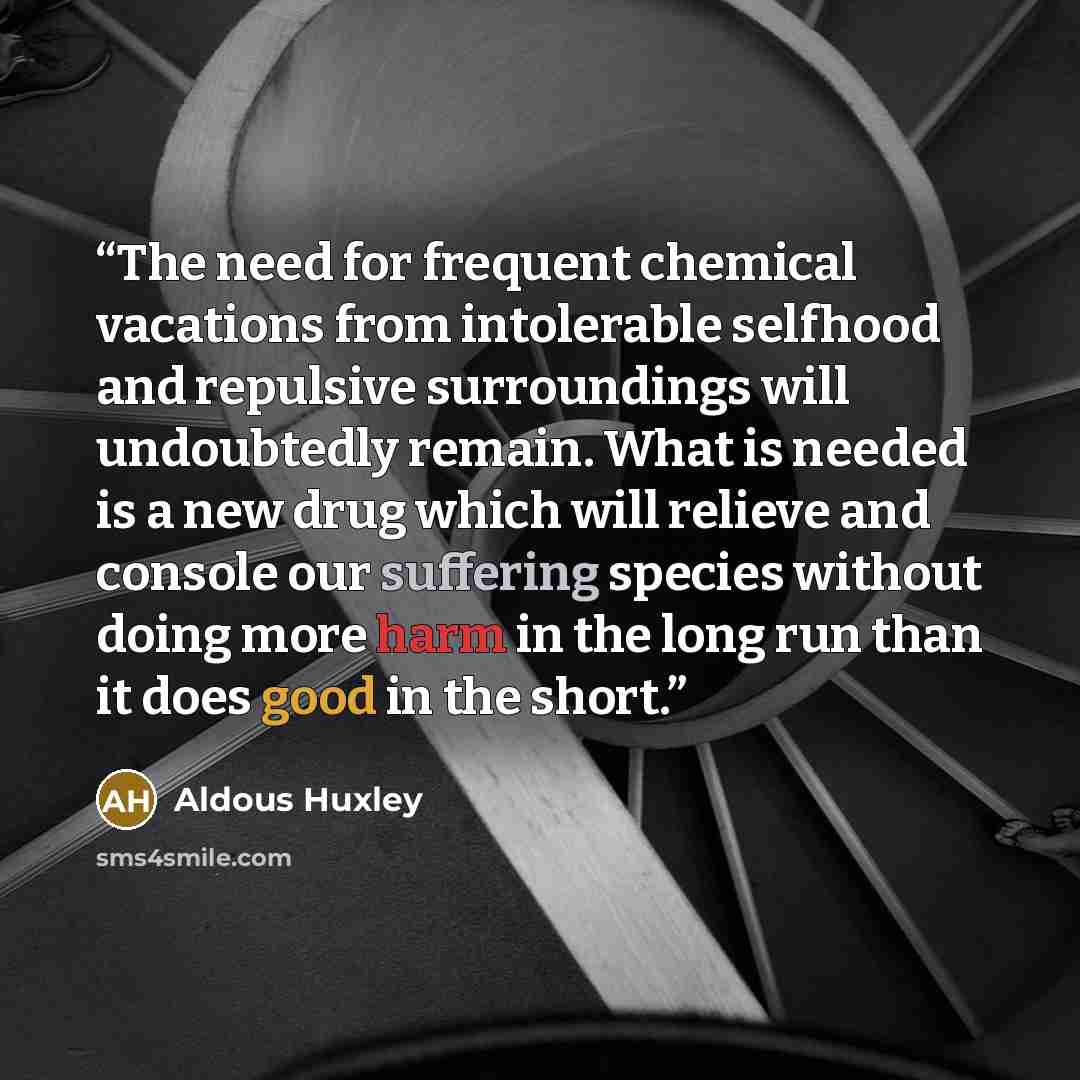 “The need for frequent chemical vacations from intolerable selfhood and repulsive surroundings will undoubtedly remain. What is needed is a new drug which will relieve and console our suffering species without doing more harm in the long run than it does good in the short.” quote by Aldous Huxley