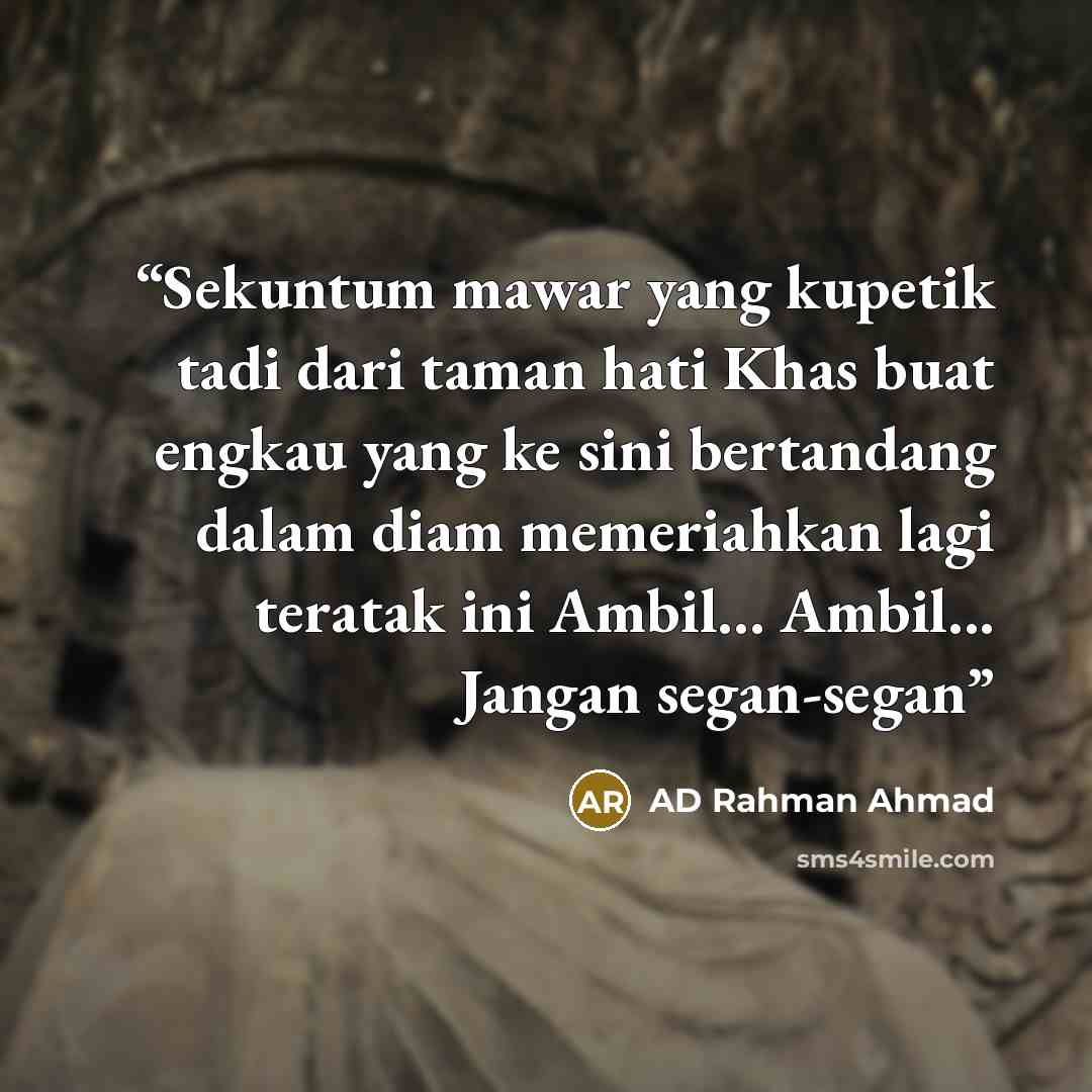 “Sekuntum mawar yang kupetik tadi dari taman hati Khas buat engkau yang ke sini bertandang dalam diam memeriahkan lagi teratak ini Ambil... Ambil... Jangan segan-segan” quote by AD Rahman Ahmad
