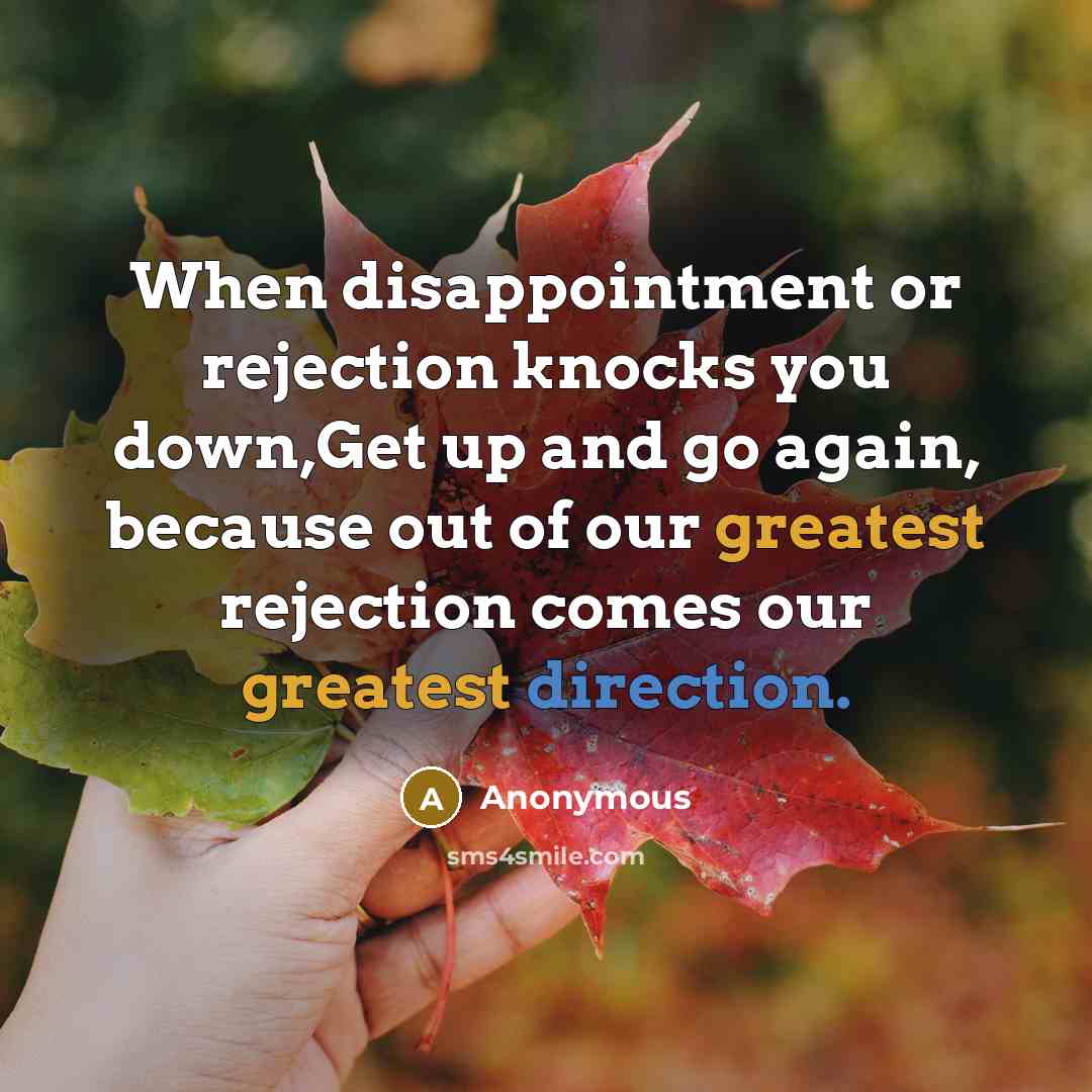 “When disappointment or rejection knocks you down,Get up and go again, because out of our greatest rejection comes our greatest direction.” quote by Anonymous