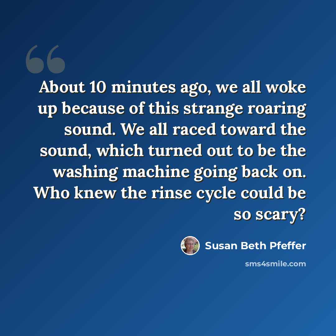 “About 10 minutes ago, we all woke up because of this strange roaring sound. We all raced toward the sound, which turned out to be the washing machine going back on. Who knew the rinse cycle could be so scary?” quote by Susan Beth Pfeffer