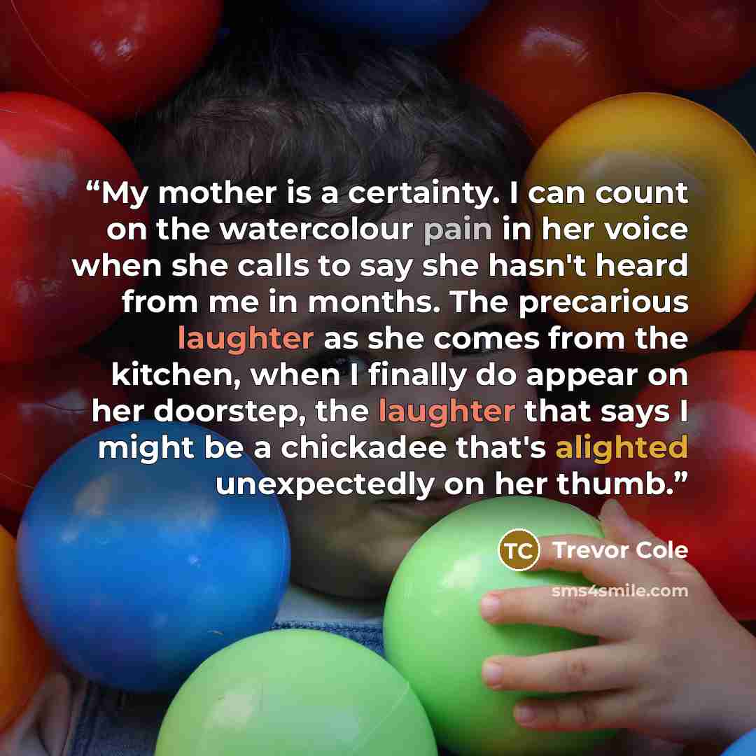 “My mother is a certainty. I can count on the watercolour pain in her voice when she calls to say she hasn't heard from me in months. The precarious laughter as she comes from the kitchen, when I finally do appear on her doorstep, the laughter that says I might be a chickadee that's alighted…” quote by Trevor Cole