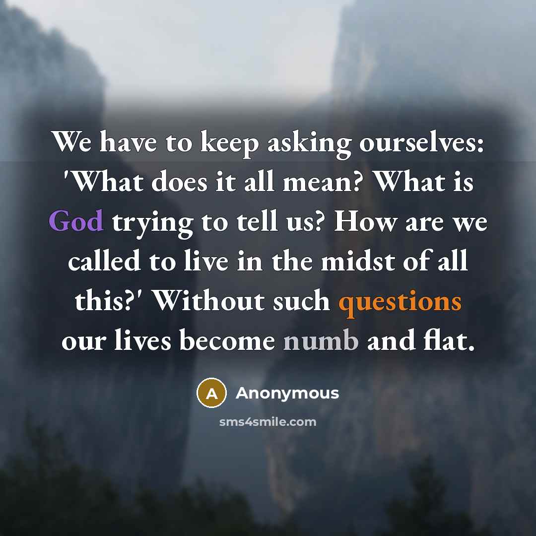 “We have to keep asking ourselves: 'What does it all mean? What is God trying to tell us? How are we called to live in the midst of all this?' Without such questions our lives become numb and flat.” quote by Anonymous