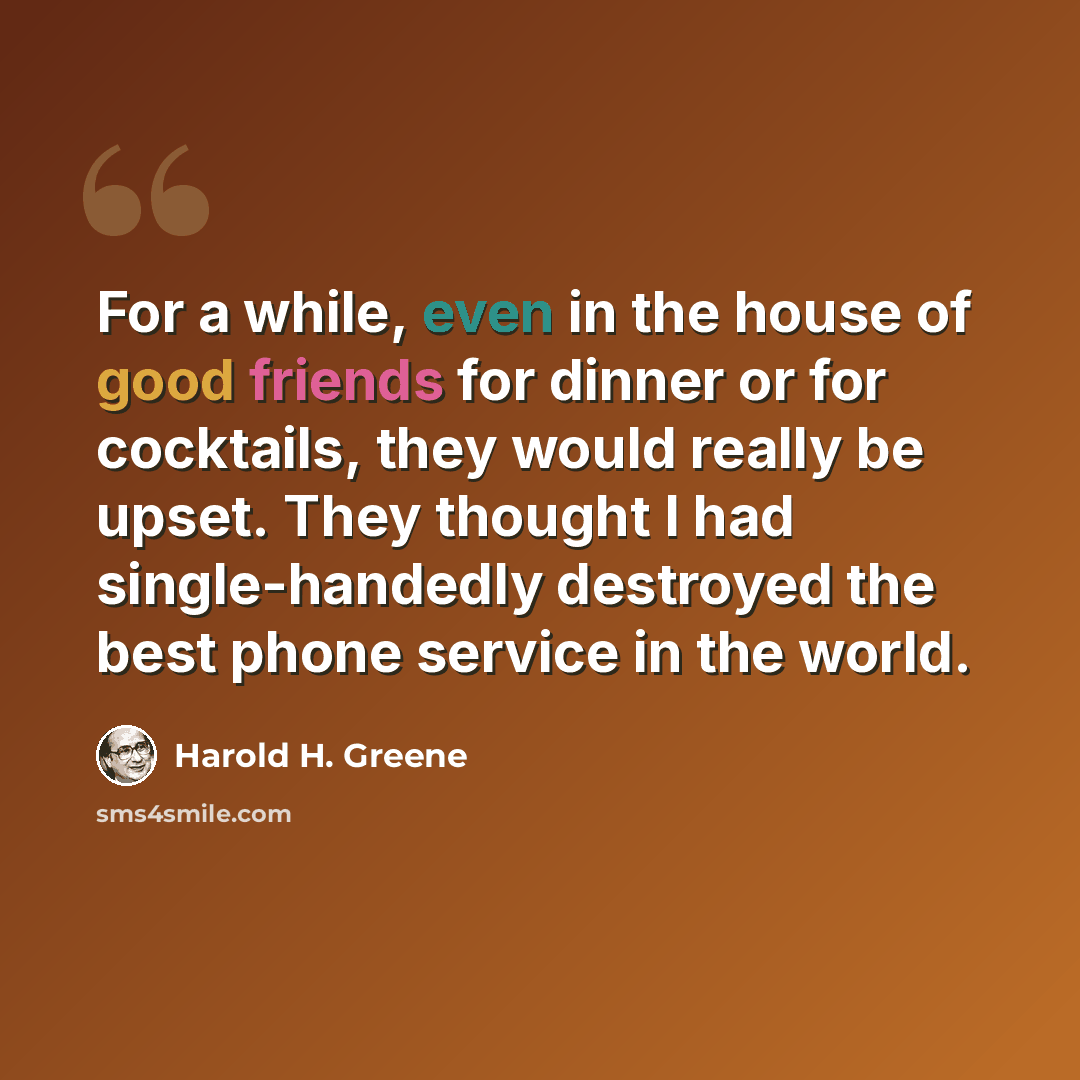 “For a while, even in the house of good friends for dinner or for cocktails, they would really be upset. They thought I had single-handedly destroyed the best phone service in the world.” quote by Harold H. Greene