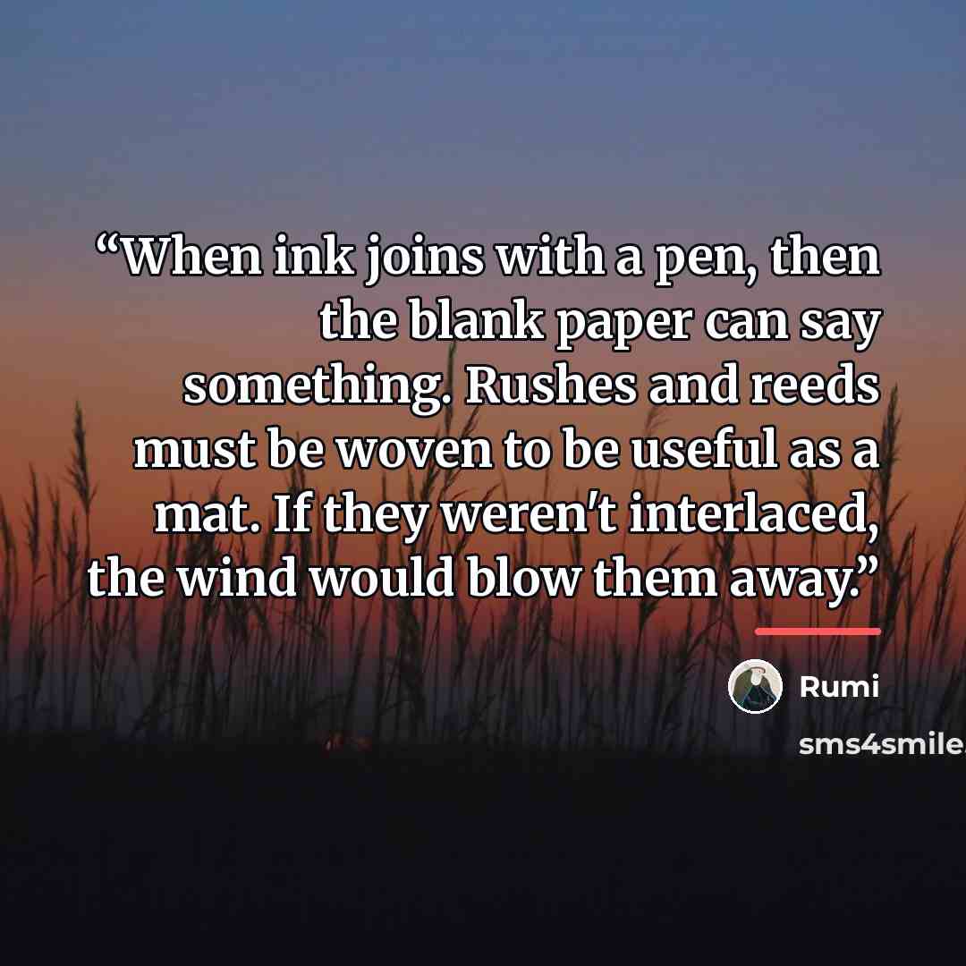 “When ink joins with a pen, then the blank paper can say something. Rushes and reeds must be woven to be useful as a mat. If they weren't interlaced, the wind would blow them away.” quote by Rumi