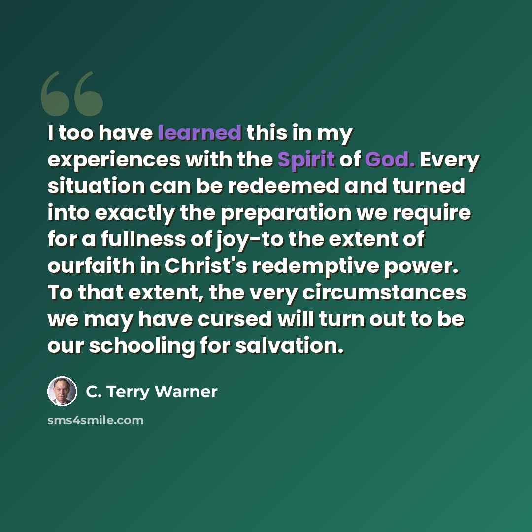 “I too have learned this in my experiences with the Spirit of God. Every situation can be redeemed and turned into exactly the preparation we require for a fullness of joy-to the extent of ourfaith in Christ's redemptive power. To that extent, the very circumstances we may have cursed will turn out…” quote by C. Terry Warner