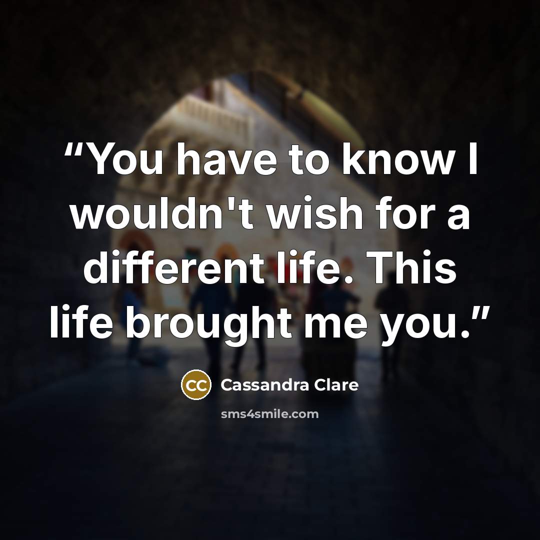 “You have to know I wouldn't wish for a different life. This life brought me you.” quote by Cassandra Clare