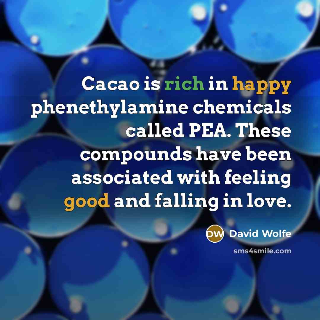 “Cacao is rich in happy phenethylamine chemicals called PEA. These compounds have been associated with feeling good and falling in love.” quote by David Wolfe