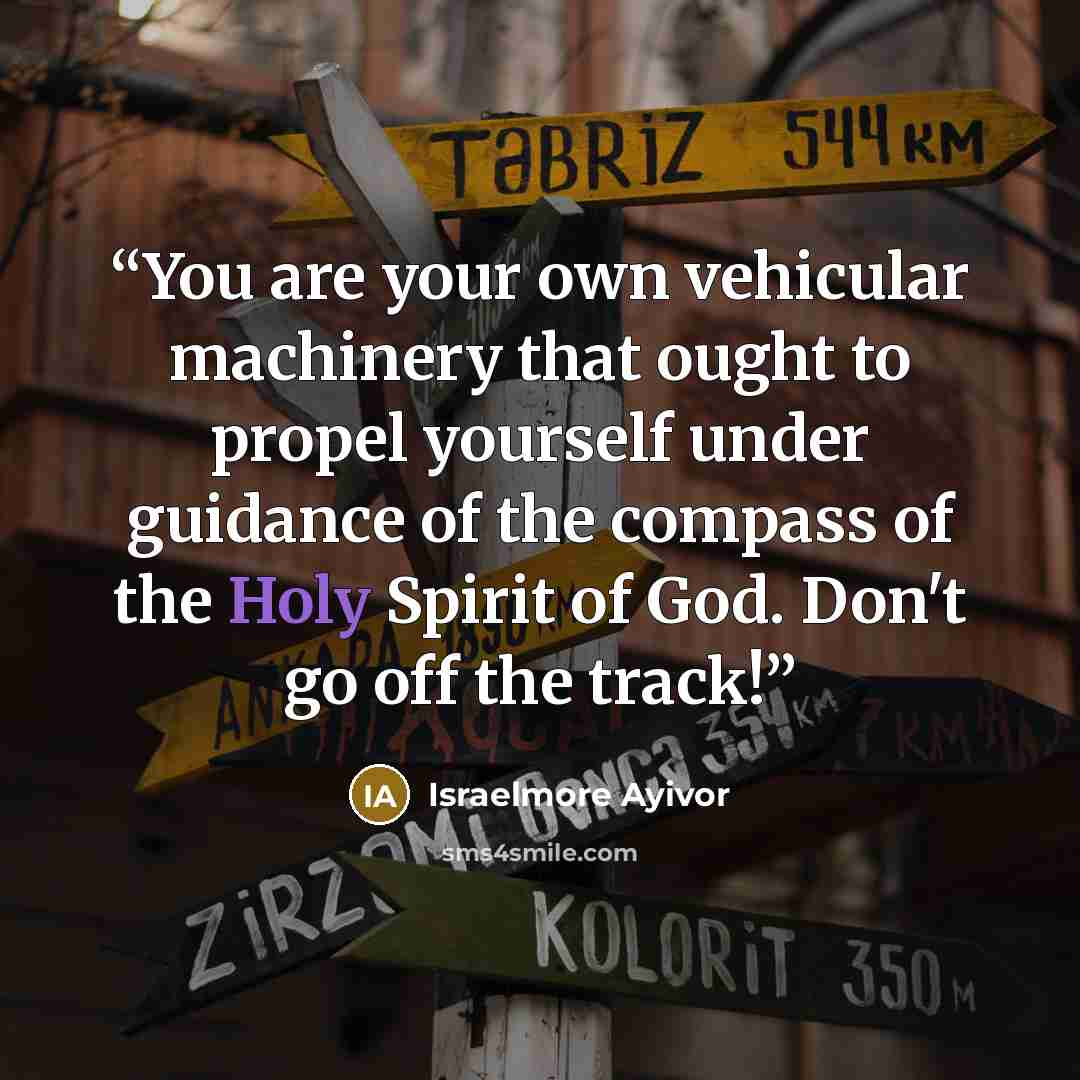“You are your own vehicular machinery that ought to propel yourself under guidance of the compass of the Holy Spirit of God. Don't go off the track!” quote by Israelmore Ayivor