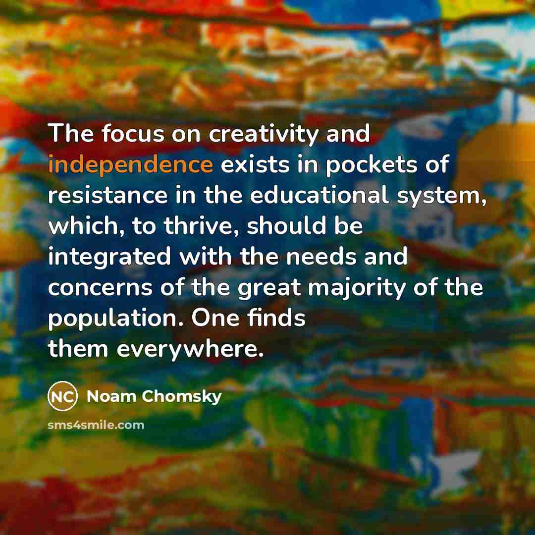 “The focus on creativity and independence exists in pockets of resistance in the educational system, which, to thrive, should be integrated with the needs and concerns of the great majority of the population. One finds them everywhere.” quote by Noam Chomsky