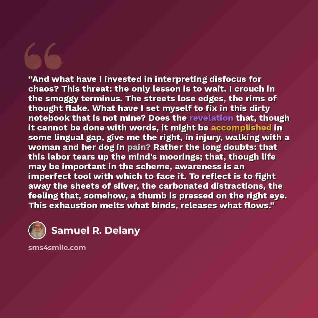 “And what have I invested in interpreting disfocus for chaos? This threat: the only lesson is to wait. I crouch in the smoggy terminus. The streets lose edges, the rims of thought flake. What have I set myself to fix in this dirty notebook that is not mine? Does the revelation that, though it…” quote by Samuel R. Delany