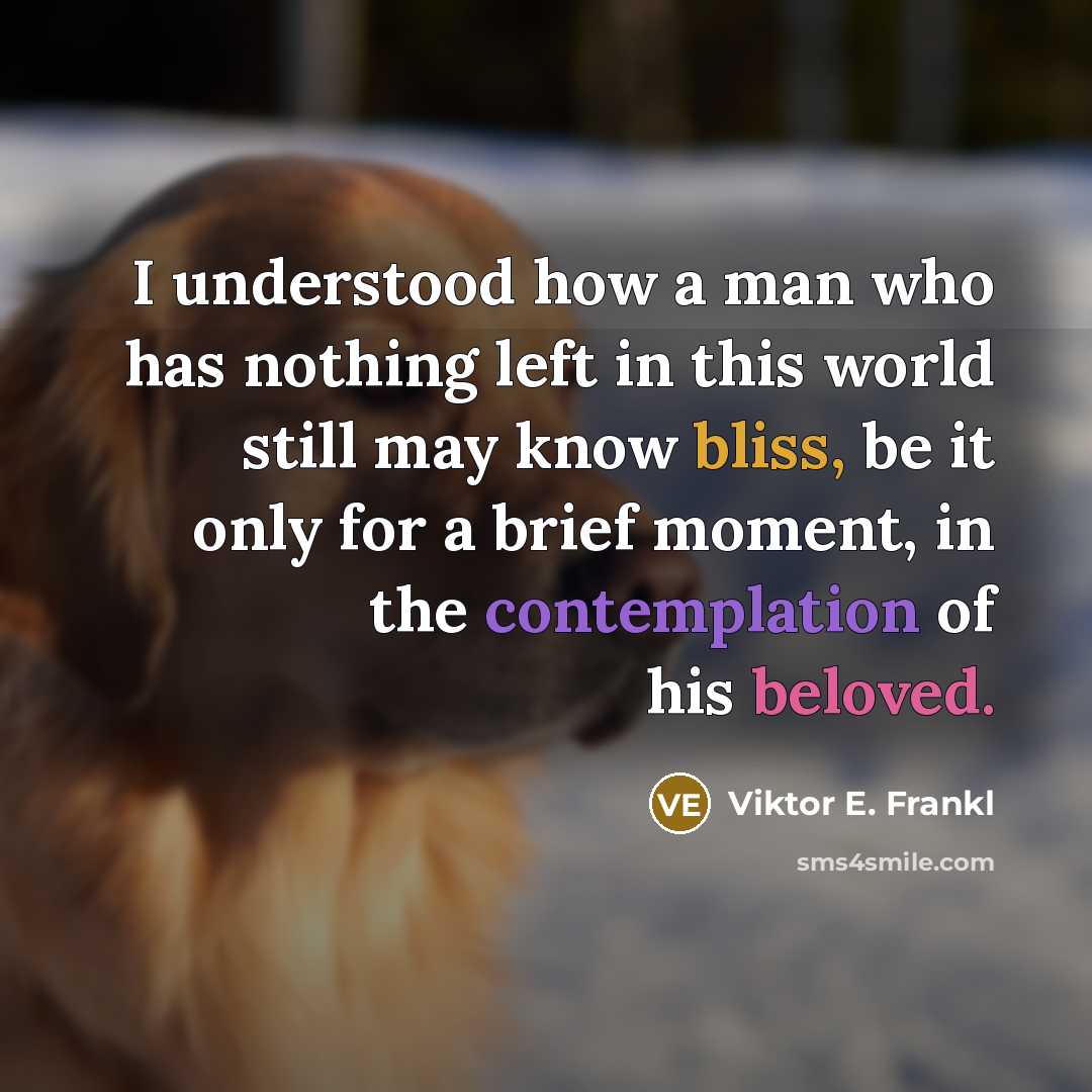 “I understood how a man who has nothing left in this world still may know bliss, be it only for a brief moment, in the contemplation of his beloved.” quote by Viktor E. Frankl
