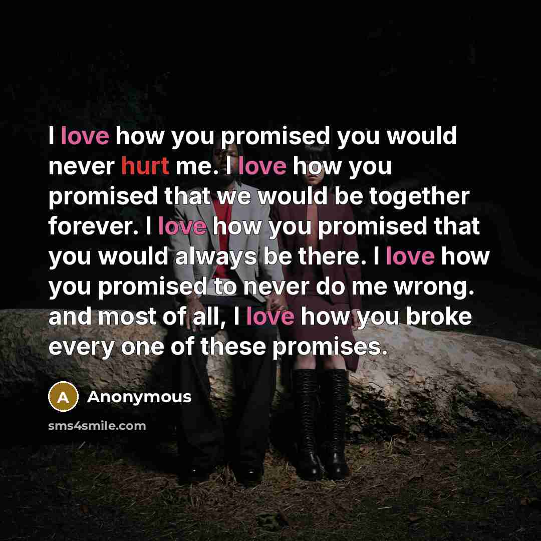 “I love how you promised you would never hurt me. I love how you promised that we would be together forever. I love how you promised that you would always be there. I love how you promised to never do me wrong. and most of all, I love how you broke every one of these promises.” quote by Anonymous