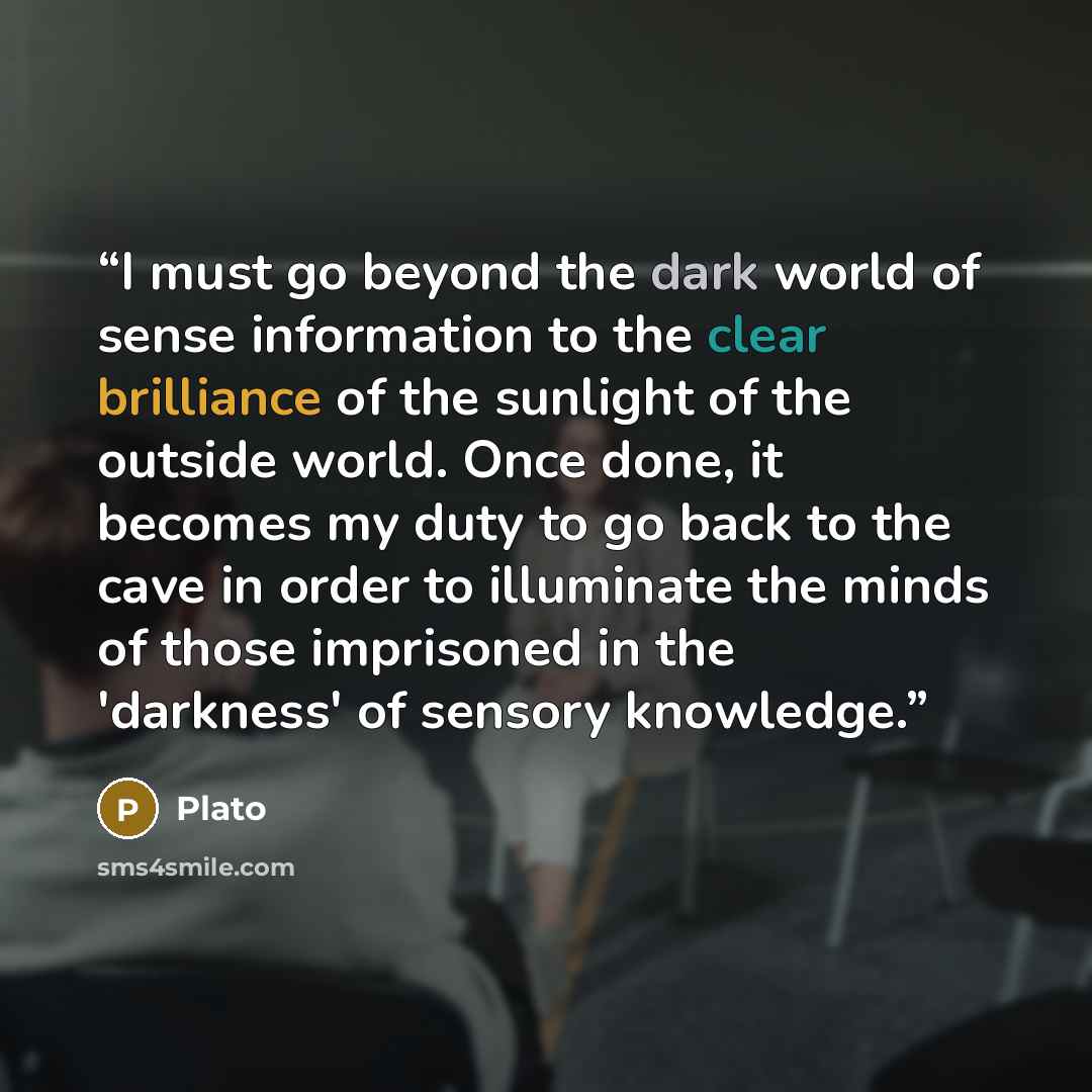 “I must go beyond the dark world of sense information to the clear brilliance of the sunlight of the outside world. Once done, it becomes my duty to go back to the cave in order to illuminate the minds of those imprisoned in the 'darkness' of sensory knowledge.” quote by Plato