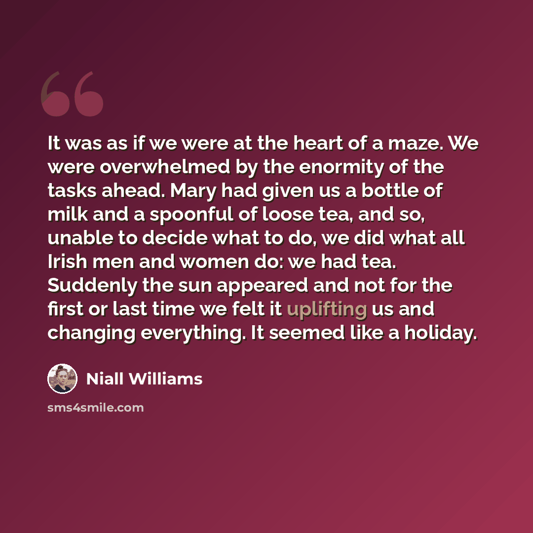 “It was as if we were at the heart of a maze. We were overwhelmed by the enormity of the tasks ahead. Mary had given us a bottle of milk and a spoonful of loose tea, and so, unable to decide what to do, we did what all Irish men and women do: we had tea. Suddenly the sun appeared and not for the…” quote by Niall Williams