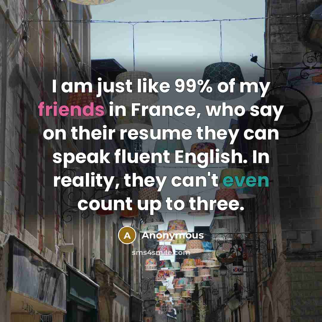 “I am just like 99% of my friends in France, who say on their resume they can speak fluent English. In reality, they can't even count up to three.” quote by Anonymous