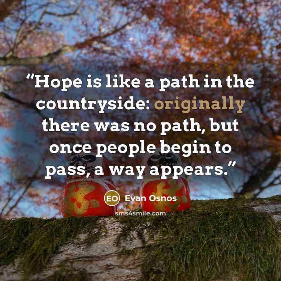 “Hope is like a path in the countryside: originally there was no path, but once people begin to pass, a way appears.” quote by Evan Osnos