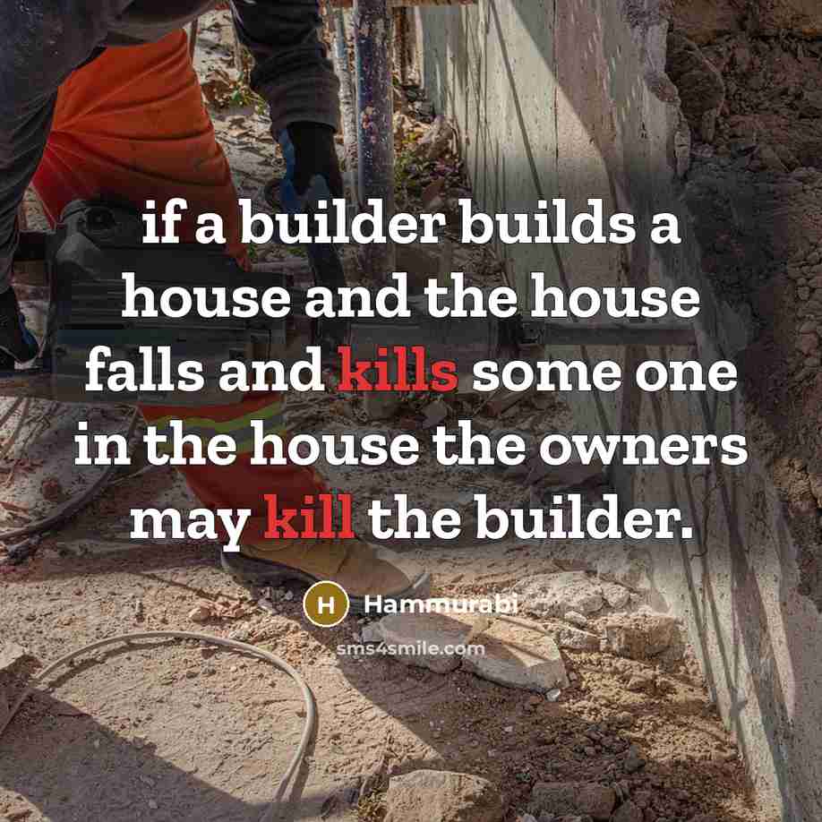 “if a builder builds a house and the house falls and kills some one in the house the owners may kill the builder.” quote by Hammurabi