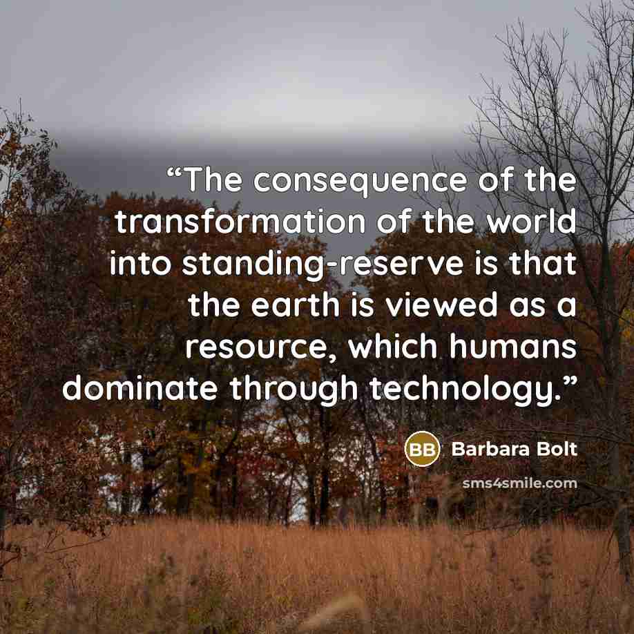 “The consequence of the transformation of the world into standing-reserve is that the earth is viewed as a resource, which humans dominate through technology.” quote by Barbara Bolt