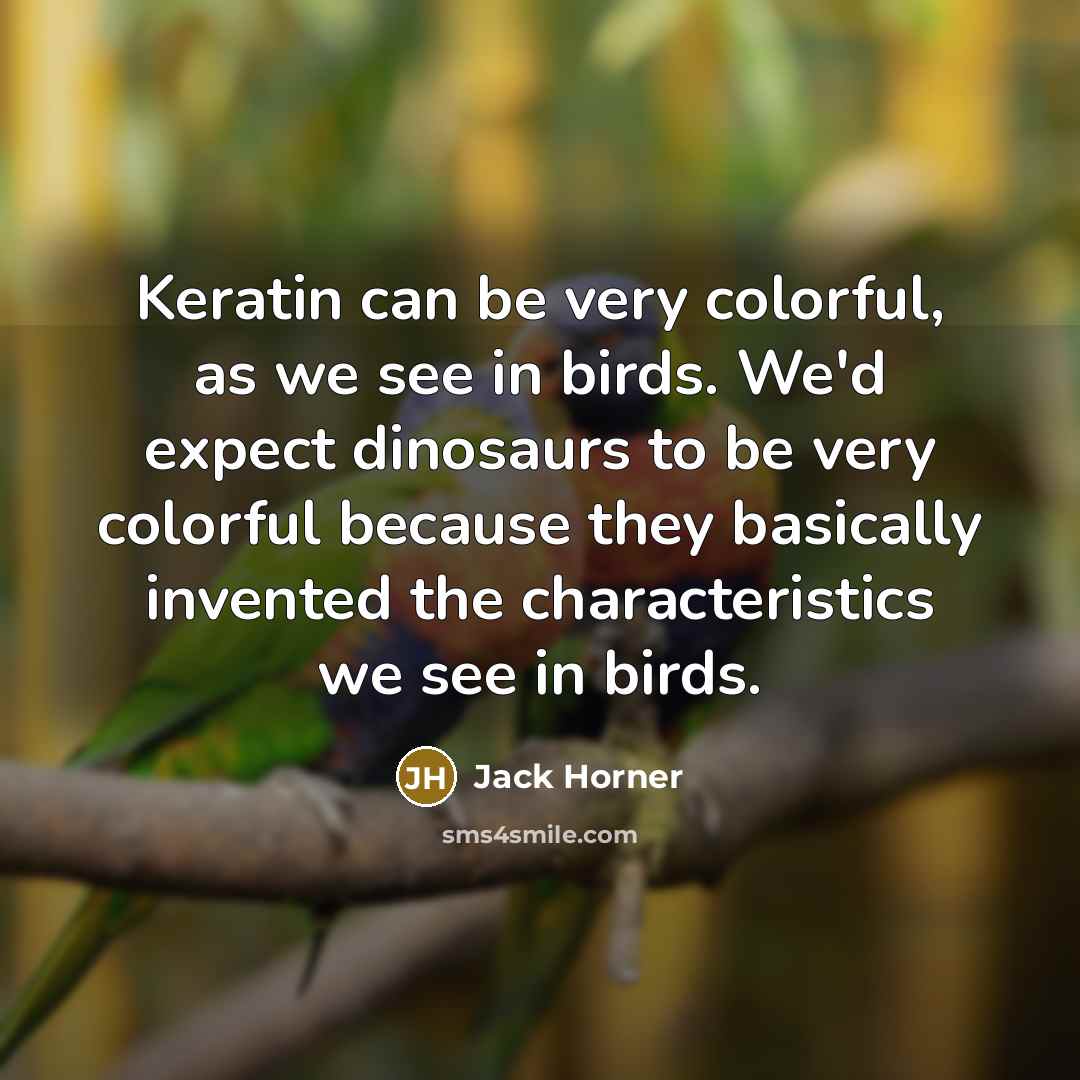 “Keratin can be very colorful, as we see in birds. We'd expect dinosaurs to be very colorful because they basically invented the characteristics we see in birds.” quote by Jack Horner