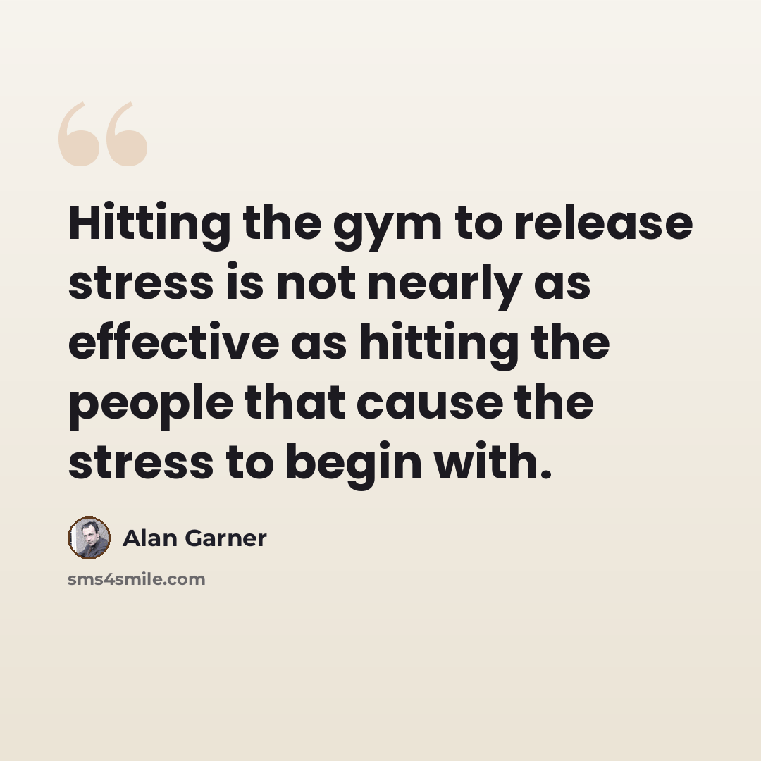 “Hitting the gym to release stress is not nearly as effective as hitting the people that cause the stress to begin with.” quote by Alan Garner