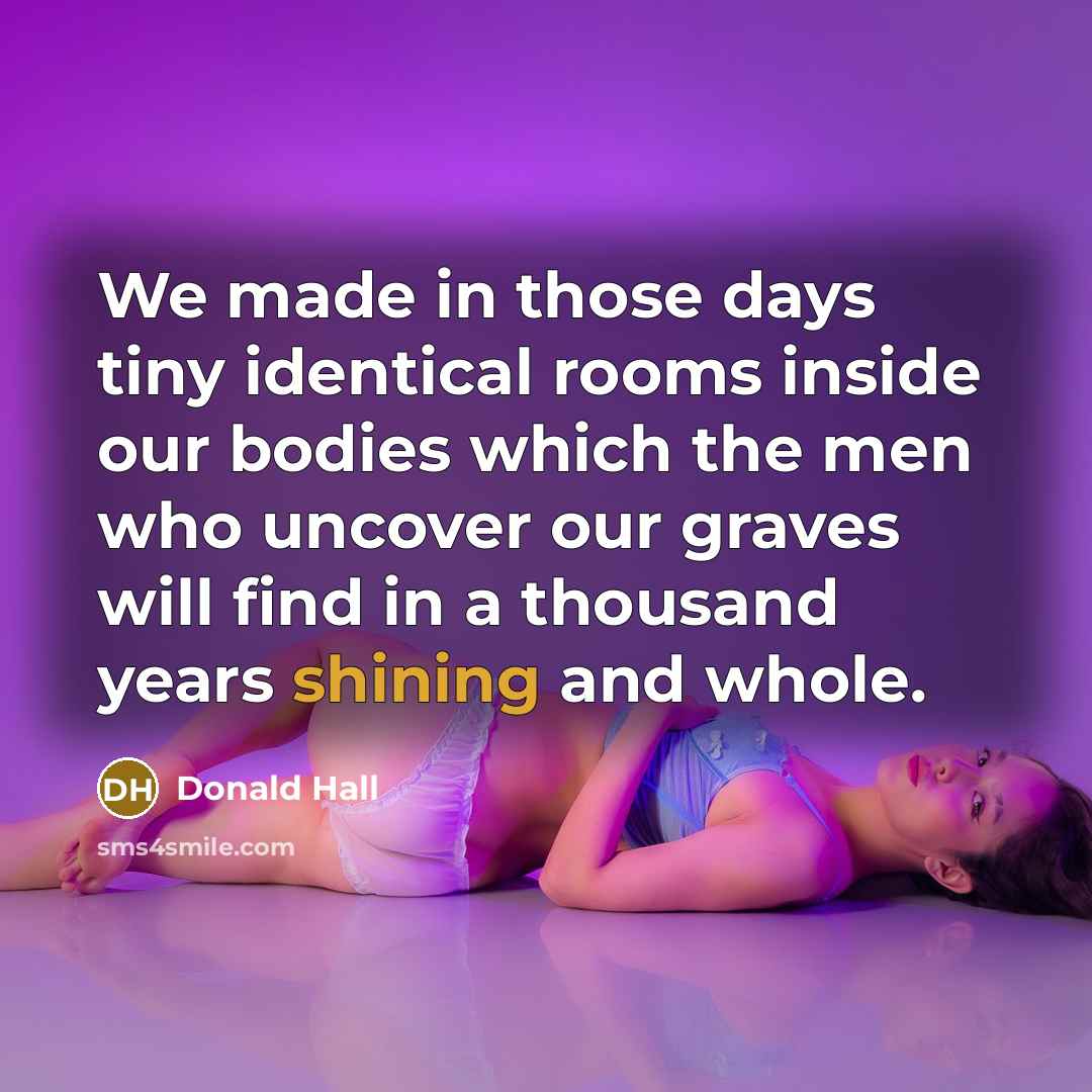 “We made in those days tiny identical rooms inside our bodies which the men who uncover our graves will find in a thousand years shining and whole.” quote by Donald Hall