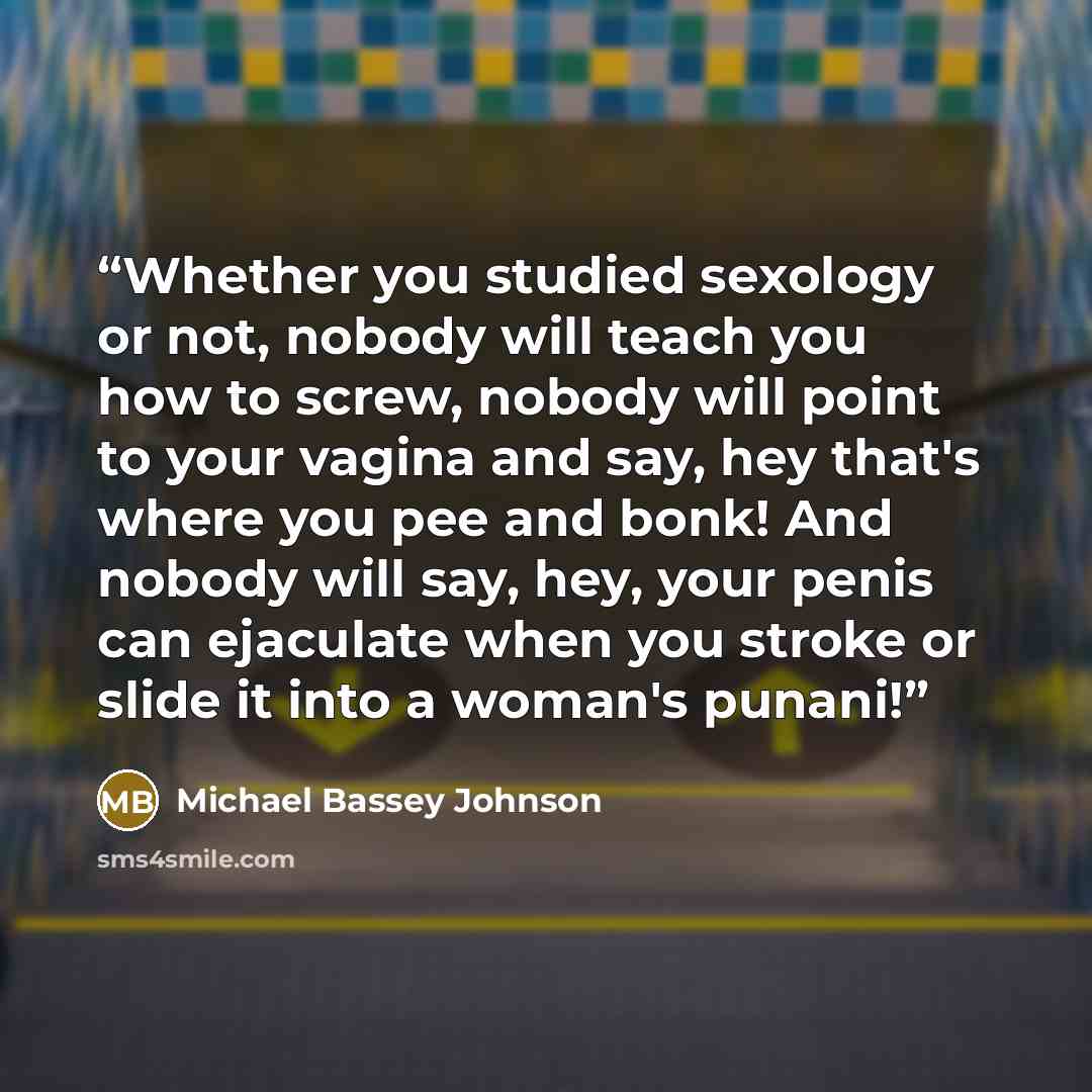 “Whether you studied sexology or not, nobody will teach you how to screw, nobody will point to your vagina and say, hey that's where you pee and bonk! And nobody will say, hey, your penis can ejaculate when you stroke or slide it into a woman's punani!” quote by Michael Bassey Johnson