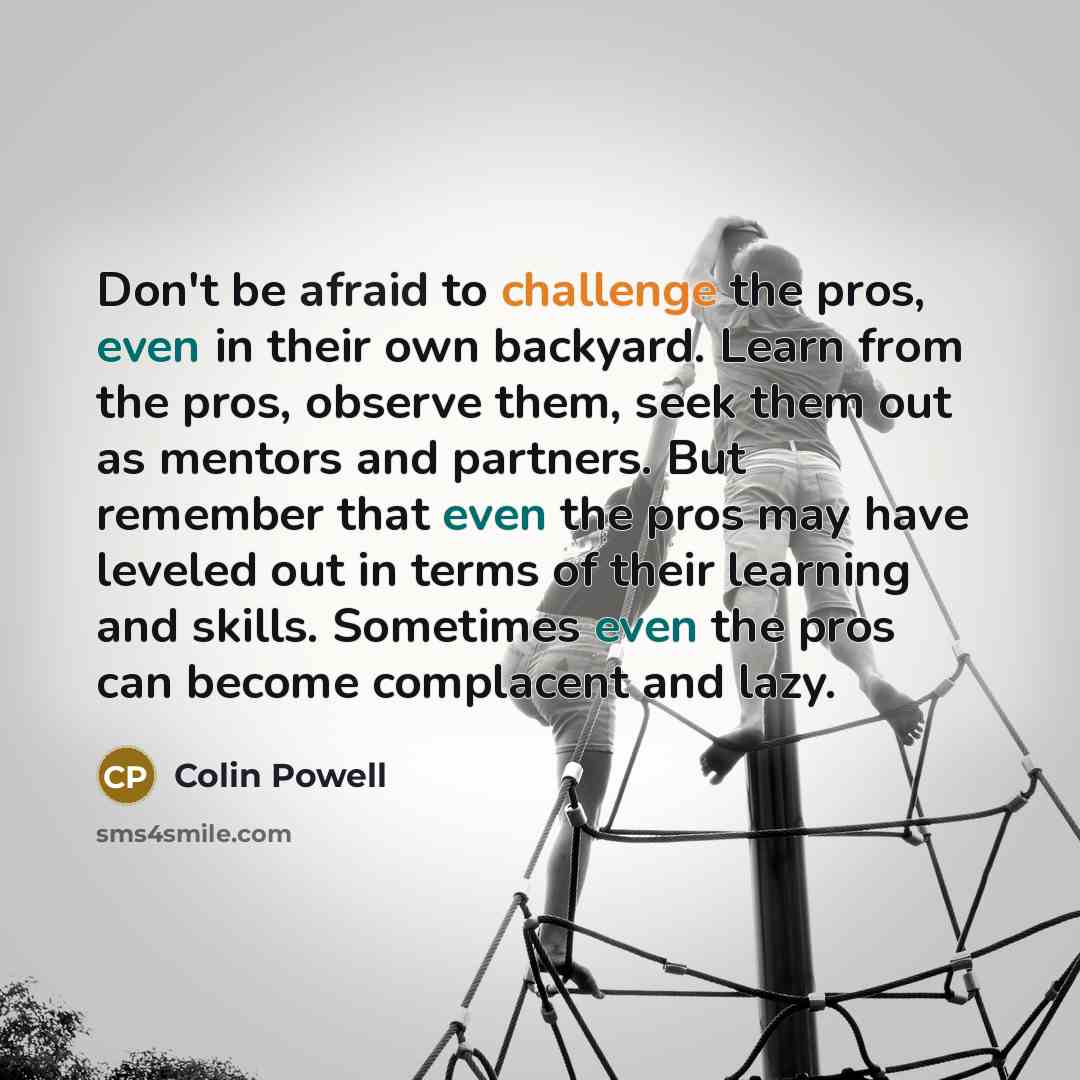 “Don't be afraid to challenge the pros, even in their own backyard. Learn from the pros, observe them, seek them out as mentors and partners. But remember that even the pros may have leveled out in terms of their learning and skills. Sometimes even the pros can become complacent and lazy.” quote by Colin Powell