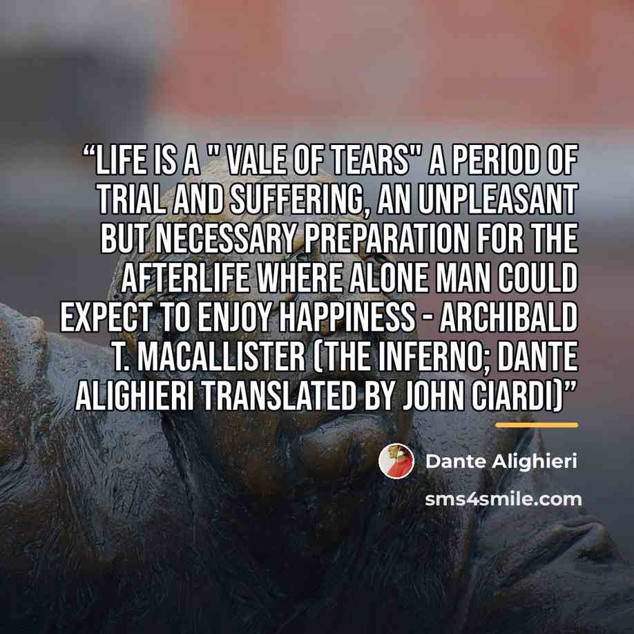“Life is a " vale of tears" a period of trial and suffering, an unpleasant but necessary preparation for the afterlife where alone man could expect to enjoy happiness - Archibald T. MacAllister (The Inferno; Dante Alighieri translated by John Ciardi)” quote by Dante Alighieri