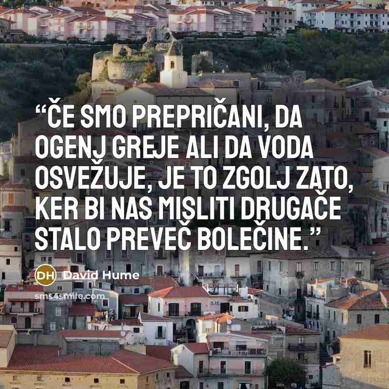 “Če smo prepričani, da ogenj greje ali da voda osvežuje, je to zgolj zato, ker bi nas misliti drugače stalo preveč bolečine.” quote by David Hume