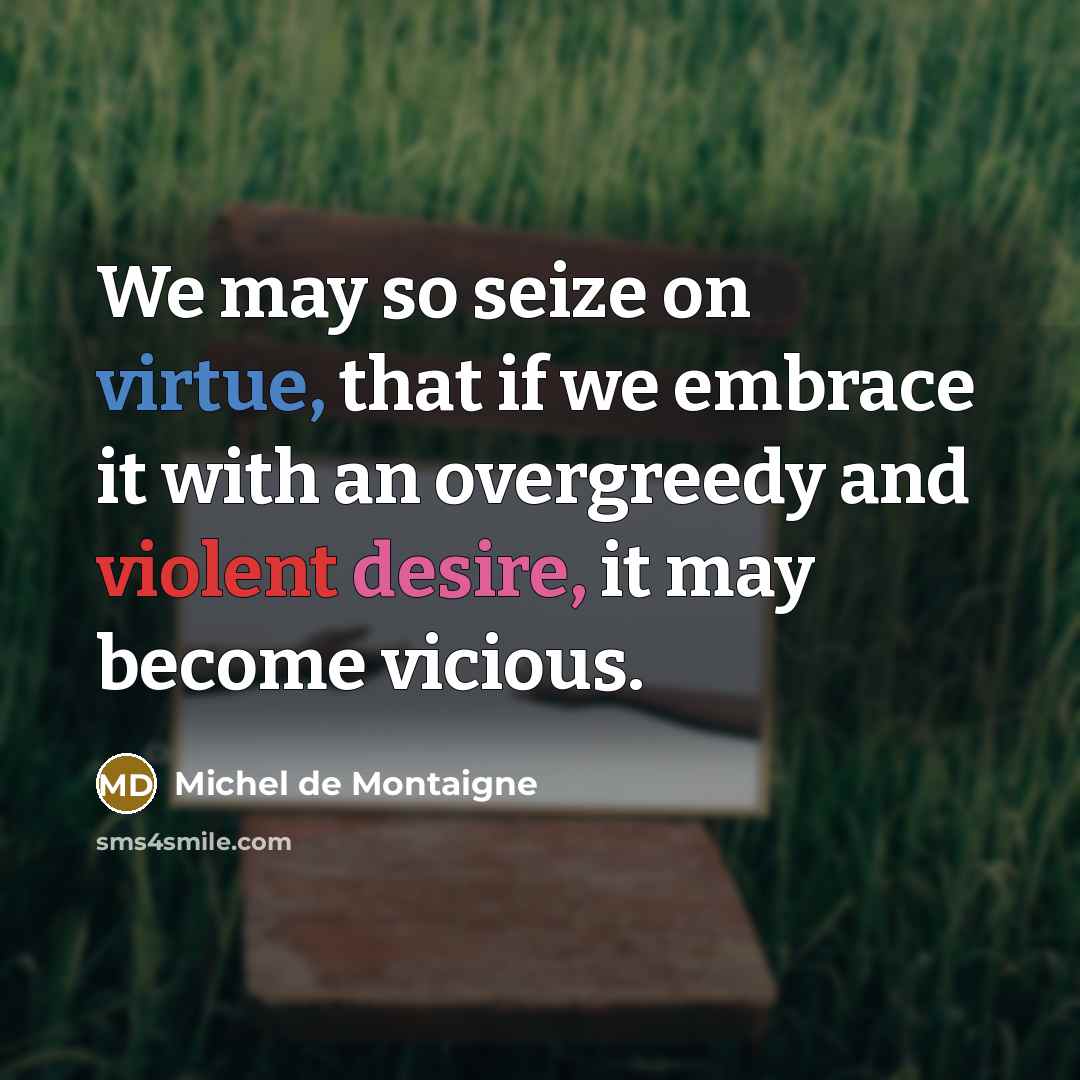 “We may so seize on virtue, that if we embrace it with an overgreedy and violent desire, it may become vicious.” quote by Michel de Montaigne