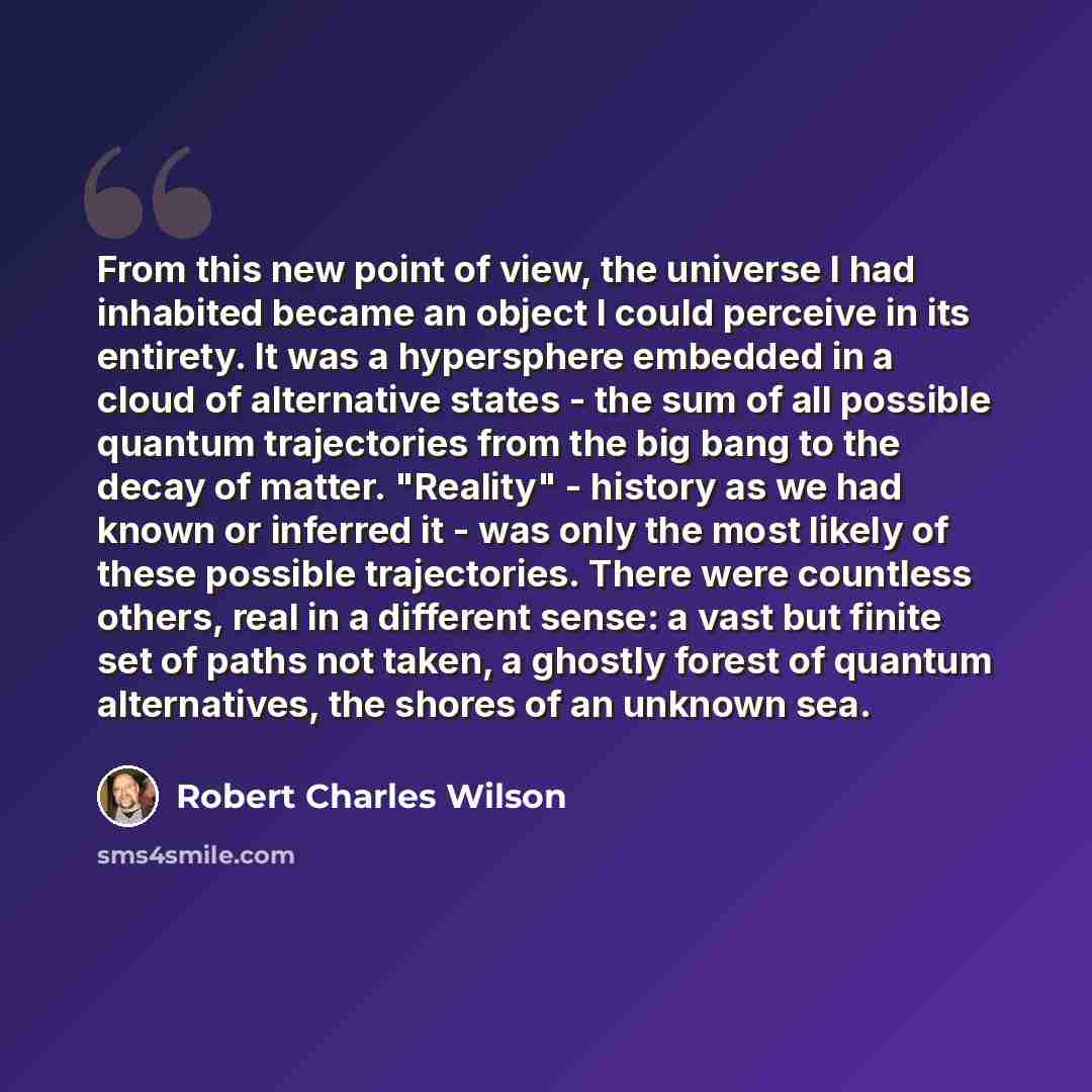 “From this new point of view, the universe I had inhabited became an object I could perceive in its entirety. It was a hypersphere embedded in a cloud of alternative states - the sum of all possible quantum trajectories from the big bang to the decay of matter. "Reality" - history as we had known…” quote by Robert Charles Wilson