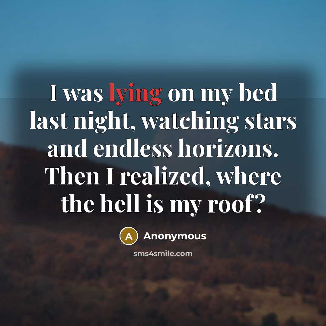 “I was lying on my bed last night, watching stars and endless horizons. Then I realized, where the hell is my roof?” quote by Anonymous
