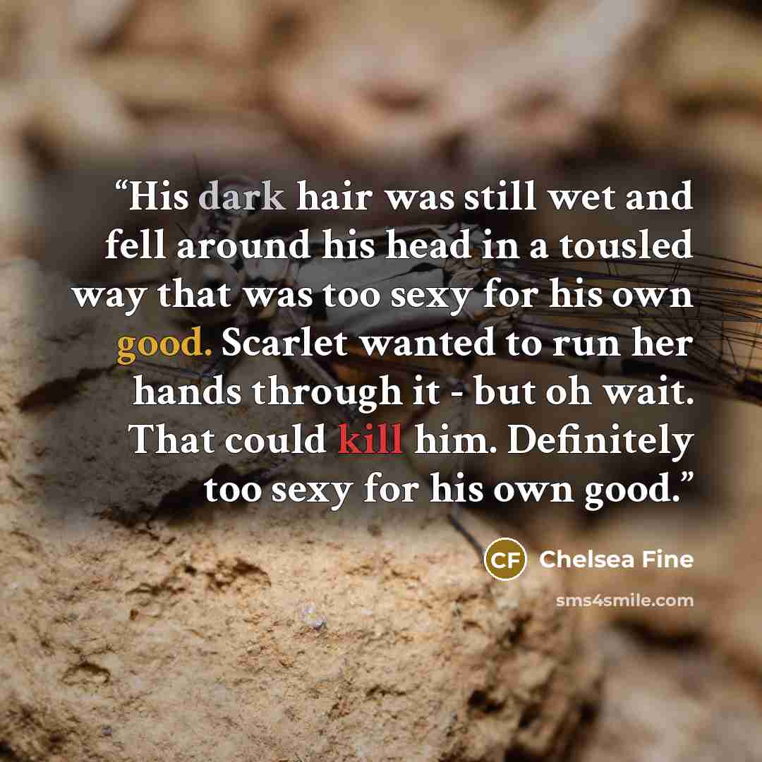 “His dark hair was still wet and fell around his head in a tousled way that was too sexy for his own good. Scarlet wanted to run her hands through it - but oh wait. That could kill him. Definitely too sexy for his own good.” quote by Chelsea Fine
