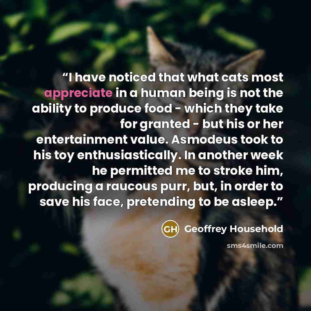 “I have noticed that what cats most appreciate in a human being is not the ability to produce food - which they take for granted - but his or her entertainment value. Asmodeus took to his toy enthusiastically. In another week he permitted me to stroke him, producing a raucous purr, but, in order to…” quote by Geoffrey Household