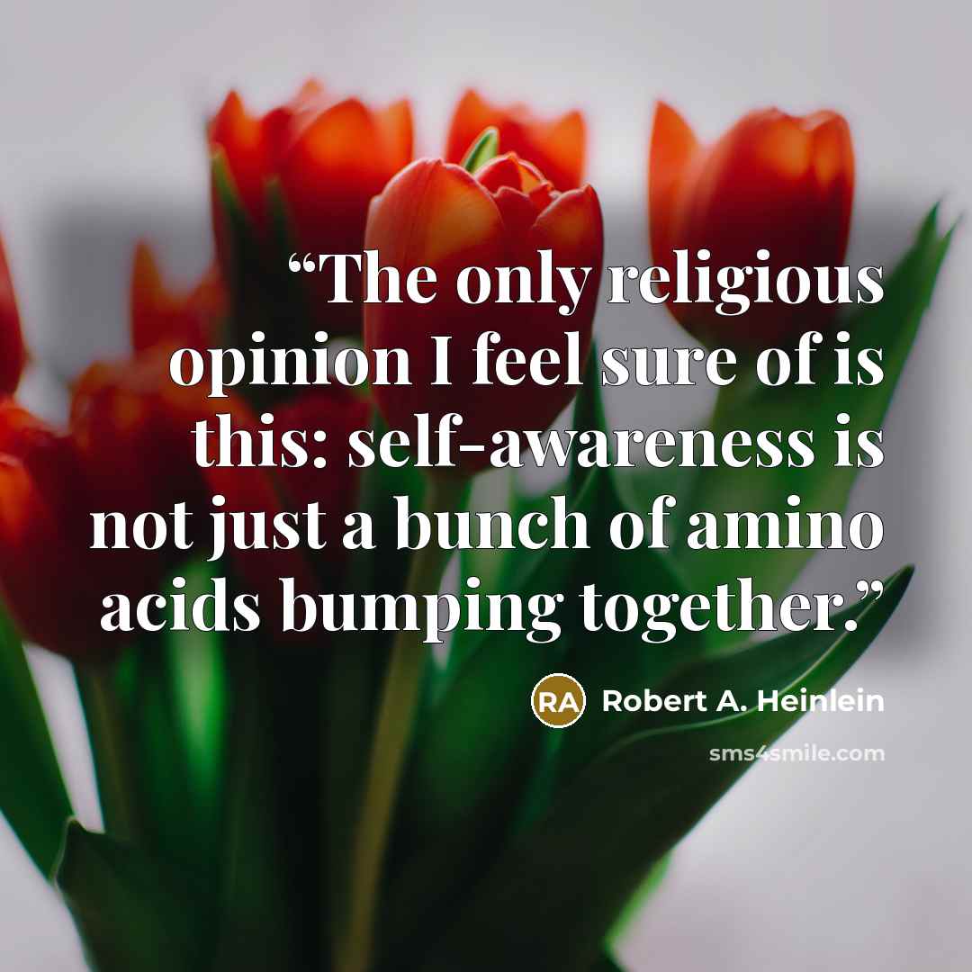 “The only religious opinion I feel sure of is this: self-awareness is not just a bunch of amino acids bumping together.” quote by Robert A. Heinlein