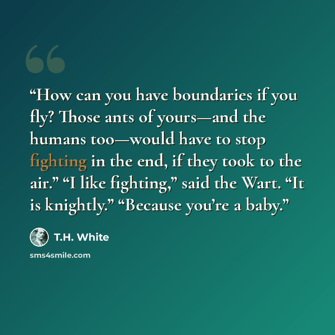 “How can you have boundaries if you fly? Those ants of yours—and the humans too—would have to stop fighting in the end, if they took to the air.” “I like fighting,” said the Wart. “It is knightly.” “Because you’re a baby.” quote by T.H. White