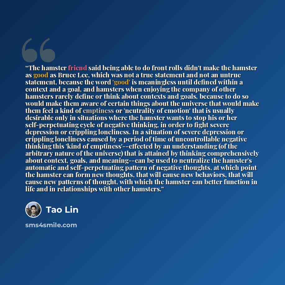 “The hamster friend said being able to do front rolls didn't make the hamster as good as Bruce Lee, which was not a true statement and not an untrue statement, because the word 'good' is meaningless until defined within a context and a goal, and hamsters when enjoying the company of other hamsters…” quote by Tao Lin