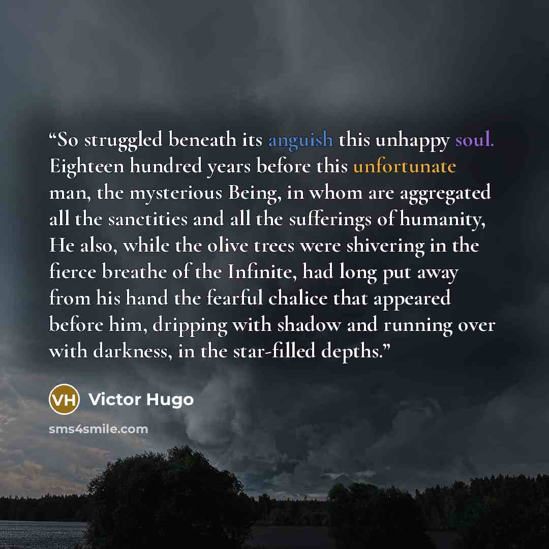 “So struggled beneath its anguish this unhappy soul. Eighteen hundred years before this unfortunate man, the mysterious Being, in whom are aggregated all the sanctities and all the sufferings of humanity, He also, while the olive trees were shivering in the fierce breathe of the Infinite, had long…” quote by Victor Hugo