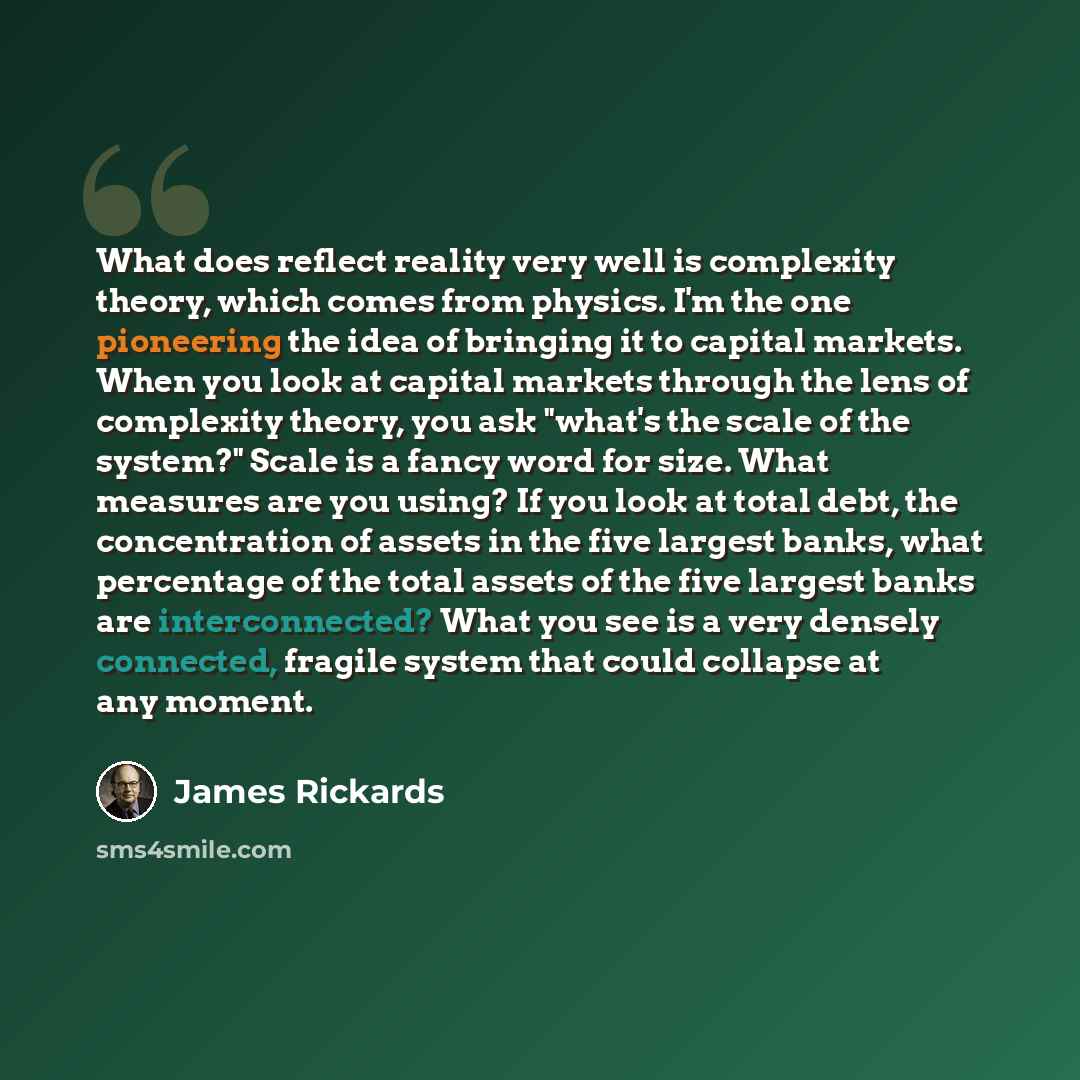 “What does reflect reality very well is complexity theory, which comes from physics. I'm the one pioneering the idea of bringing it to capital markets. When you look at capital markets through the lens of complexity theory, you ask "what's the scale of the system?" Scale is a fancy word for size…” quote by James Rickards