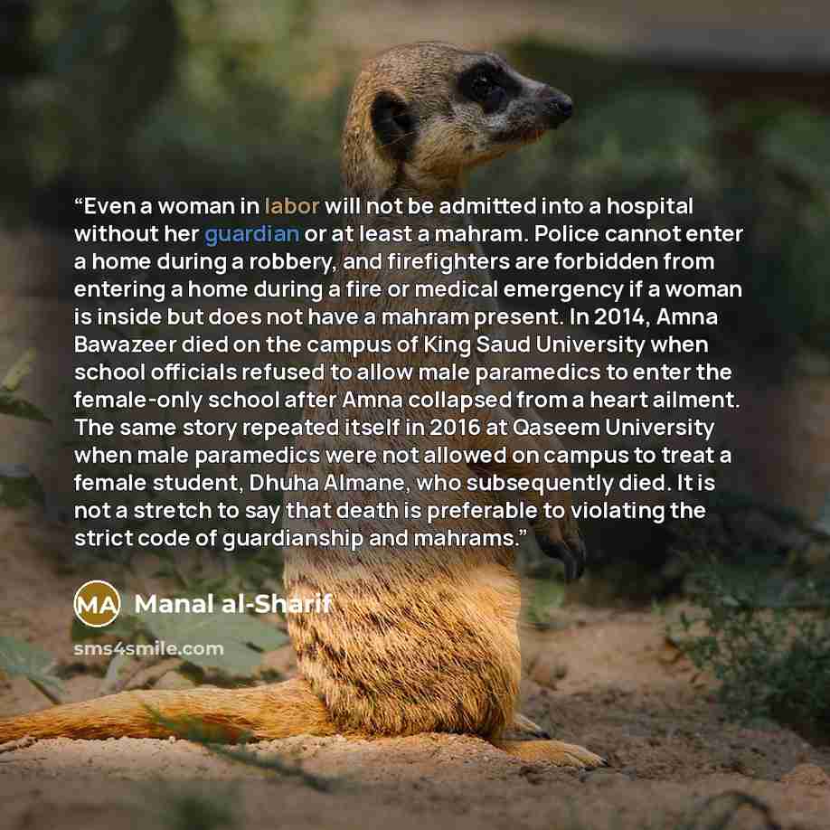 “Even a woman in labor will not be admitted into a hospital without her guardian or at least a mahram. Police cannot enter a home during a robbery, and firefighters are forbidden from entering a home during a fire or medical emergency if a woman is inside but does not have a mahram present. In…” quote by Manal Al-Sharif