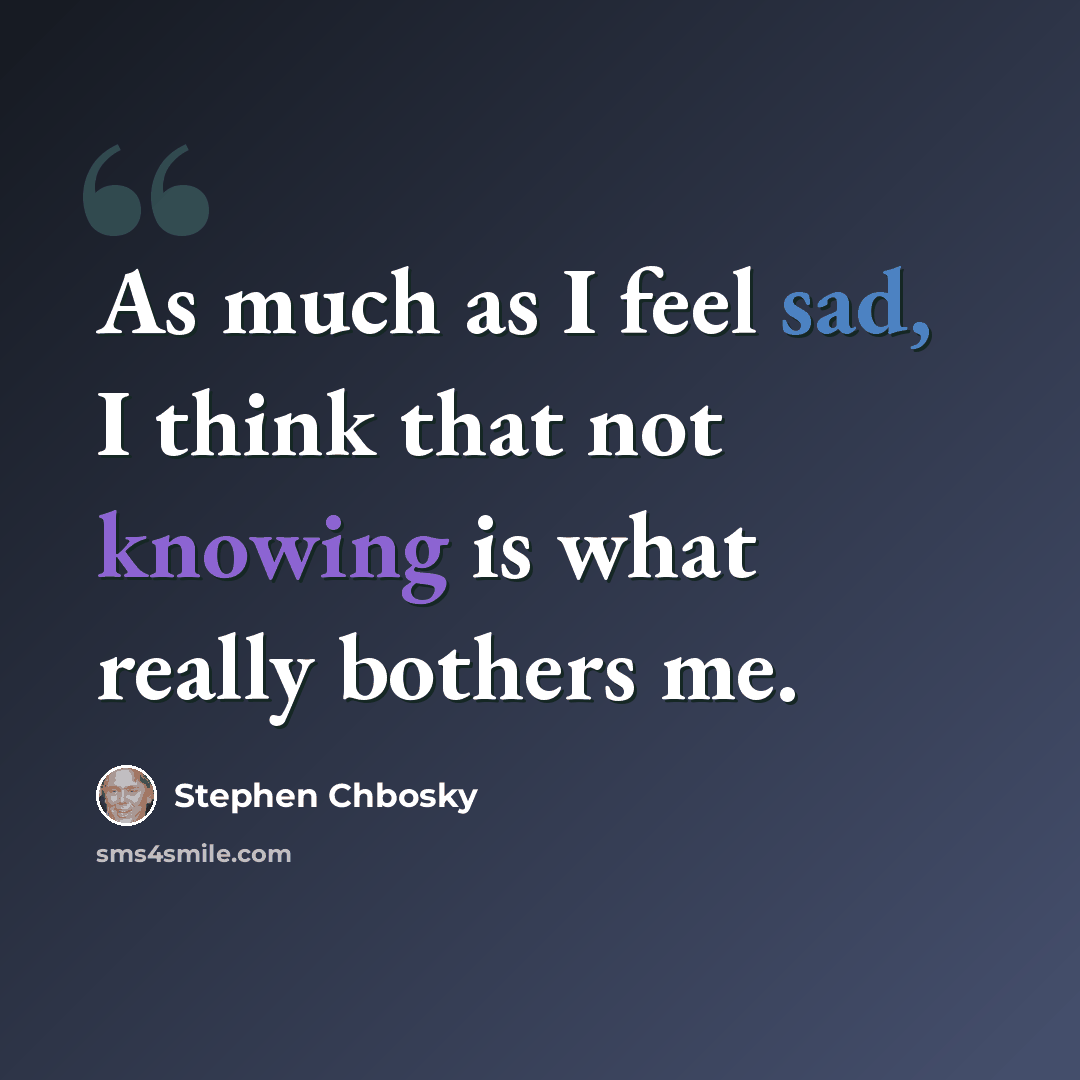 “As much as I feel sad, I think that not knowing is what really bothers me.” quote by Stephen Chbosky