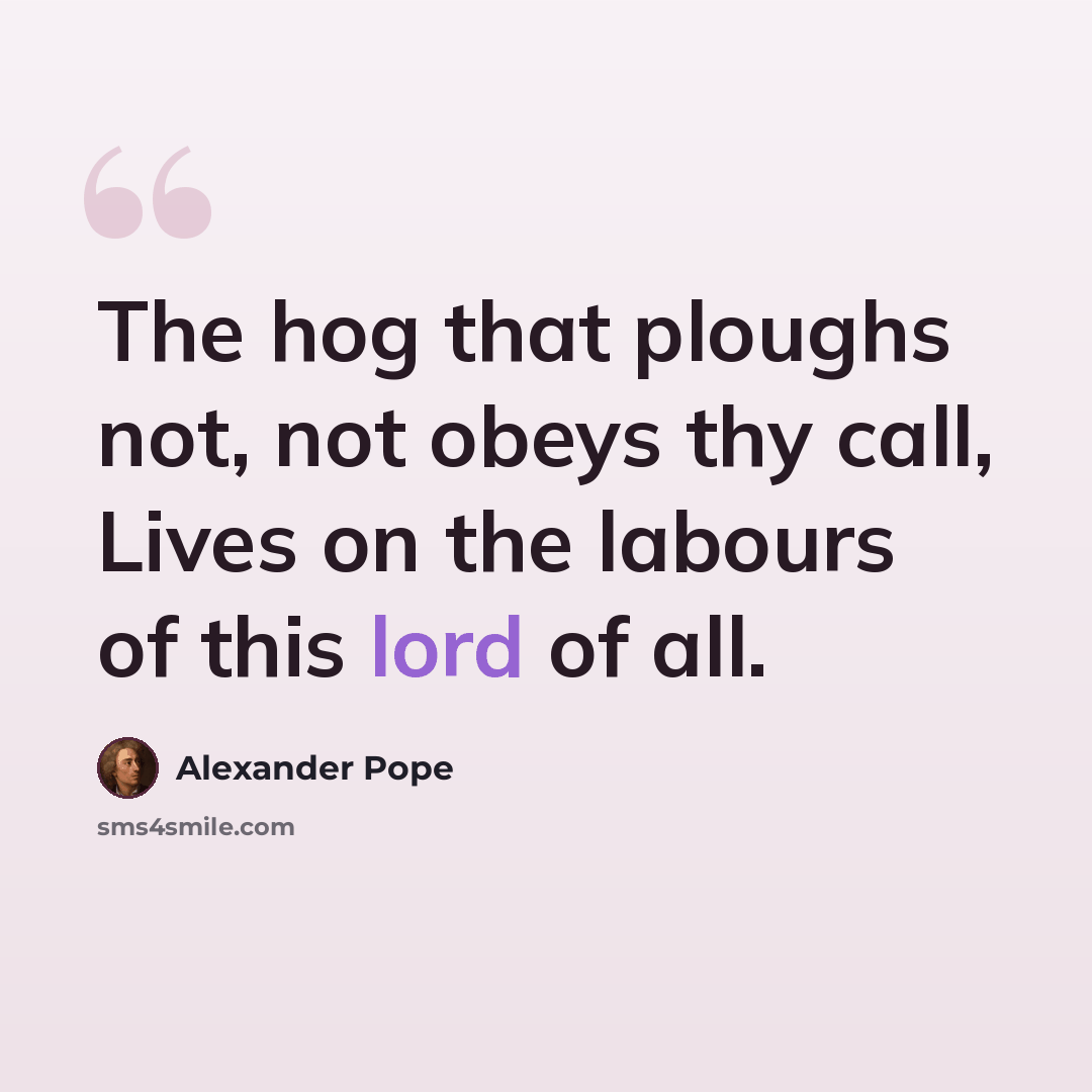 “The hog that ploughs not, not obeys thy call, Lives on the labours of this lord of all.” quote by Alexander Pope
