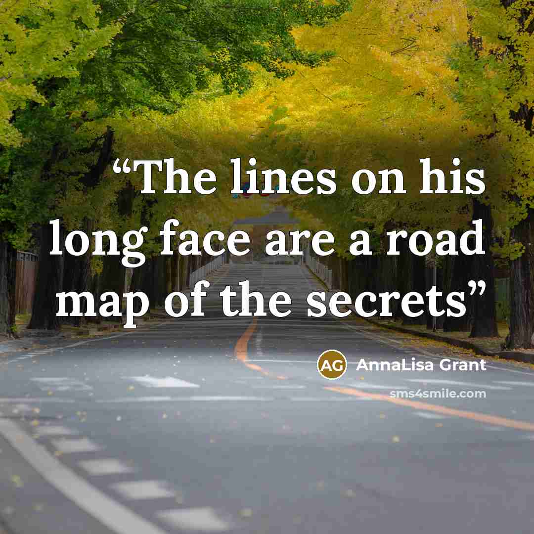 “The lines on his long face are a road map of the secrets” quote by AnnaLisa Grant