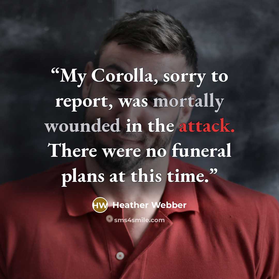 “My Corolla, sorry to report, was mortally wounded in the attack. There were no funeral plans at this time.” quote by Heather Webber