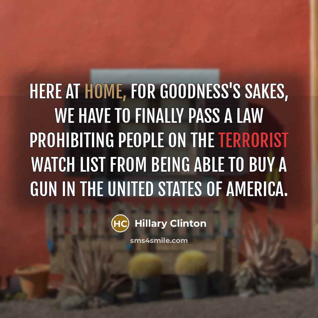 “Here at home, for goodness's sakes, we have to finally pass a law prohibiting people on the terrorist watch list from being able to buy a gun in the United States of America.” quote by Hillary Clinton