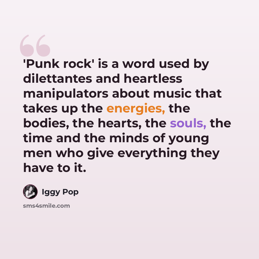 “'Punk rock' is a word used by dilettantes and heartless manipulators about music that takes up the energies, the bodies, the hearts, the souls, the time and the minds of young men who give everything they have to it.” quote by Iggy Pop